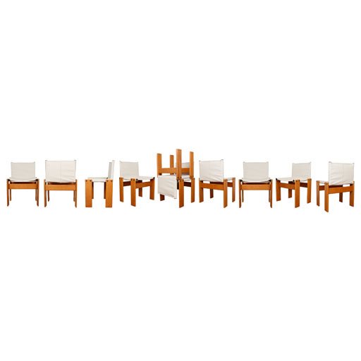 Afra and Tobia Scarpa Off White Canvas and Walnut "Monk" Dining Chair for Molteni, 1973, Set of 10