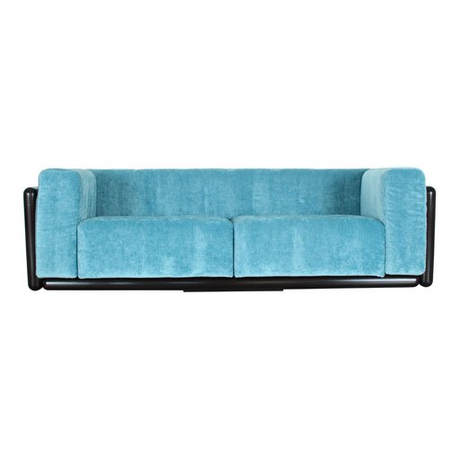 Carlo Scarpa Iroko Wood and Azure Velvet Cornaro Sofa for Studio Simon, 1974