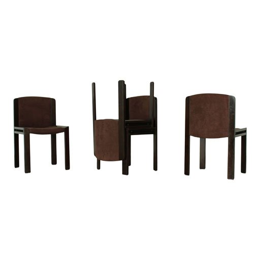 Joe Colombo Midcentury Walnut and Brown Velvet Model 300 Dining Chairs for Pozzi, 1966, Set of 4
