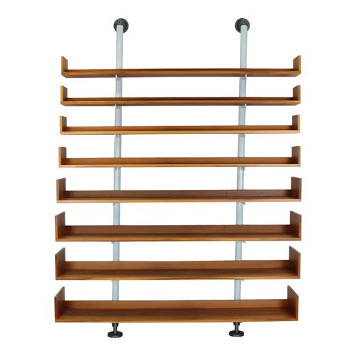 Bookcase 795 by Carlo Scarpa for Bernini, 1980 – front view of steel and walnut modular shelving system.